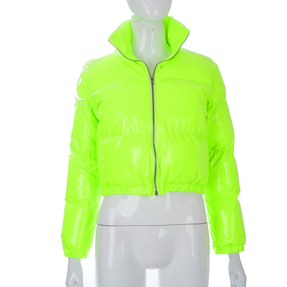 Women Short Coat Keep Warm Stand Collar Zipper Closure Elastic Hem Winter Jacket for Cold Days Fluorescent Green S