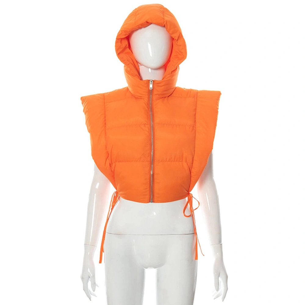 Women Hooded Puffer Vest Sleeveless Side Tie Pure Color Fashion Zipped Padded Puffer Jacket Orange L