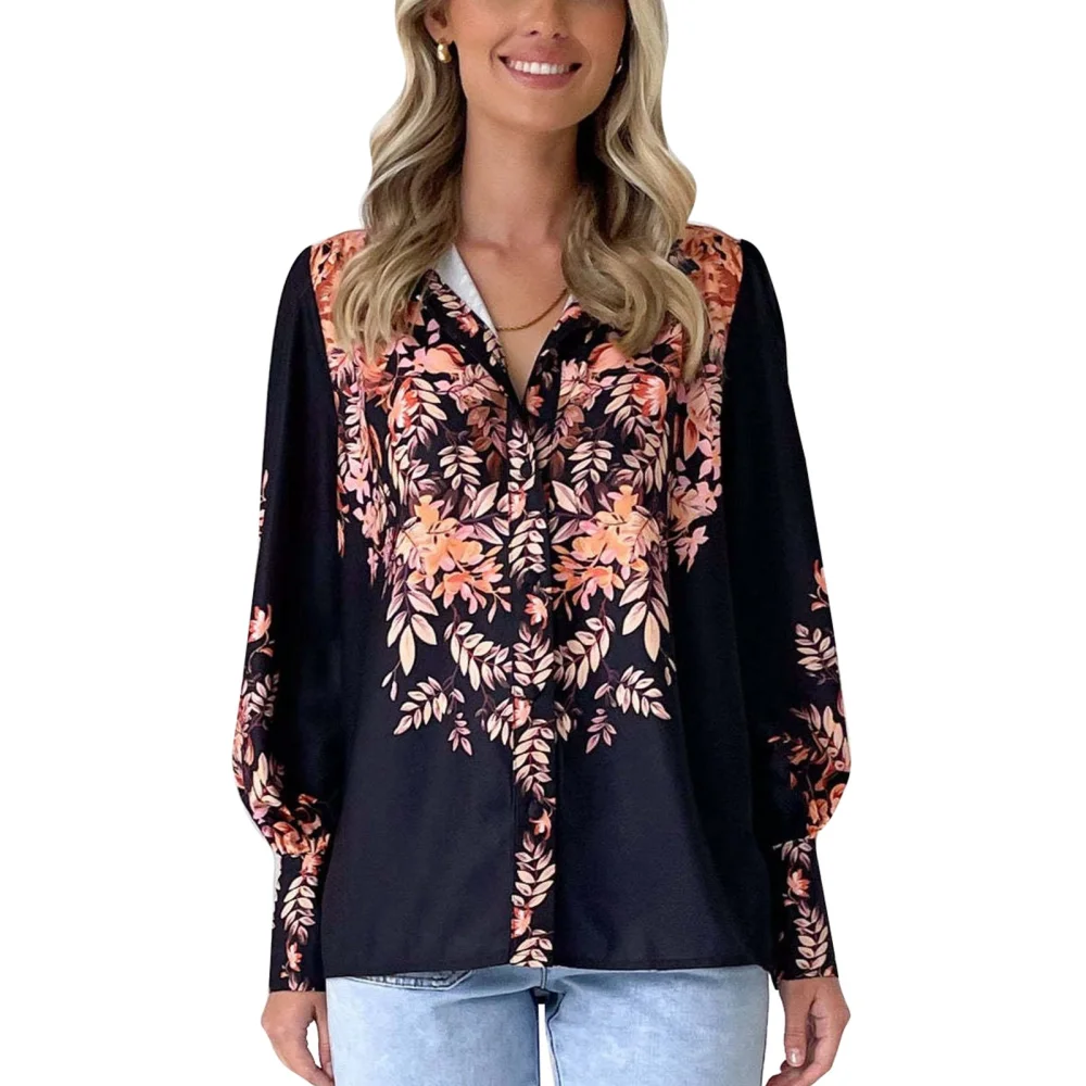 Women Flower Print Blouse V Neck Lantern Sleeve Shirt Turn Down Collar Button Up Printed Blouse Stylish Top Black S