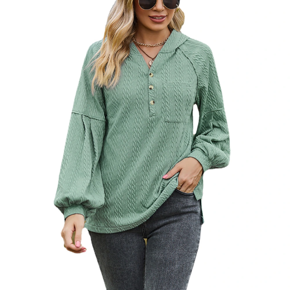 Women Long Lantern Sleeve Hoodie Loose Casual Plain Color V Neck Button Sweatshirt with Chest Pocket Dark Green M