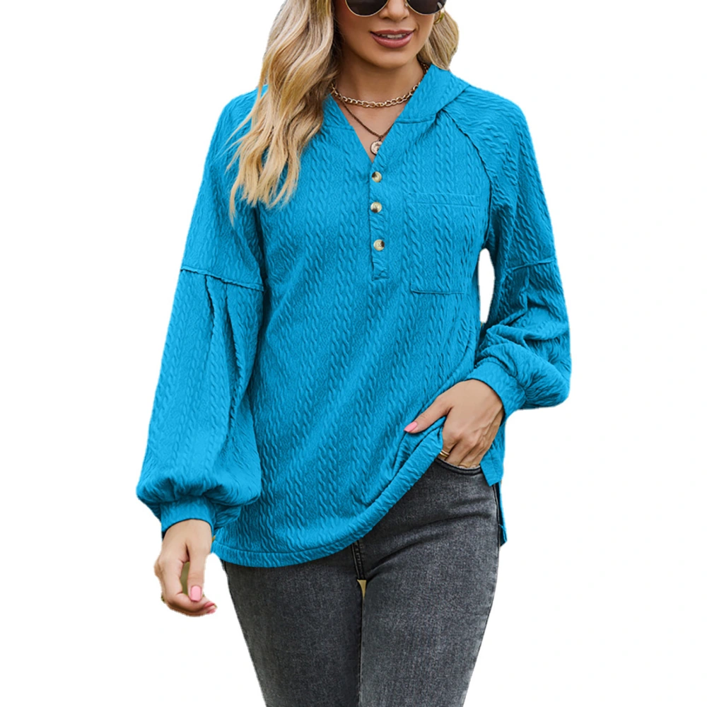 Women Long Lantern Sleeve Hoodie Loose Casual Plain Color V Neck Button Sweatshirt with Chest Pocket Lake Blue L