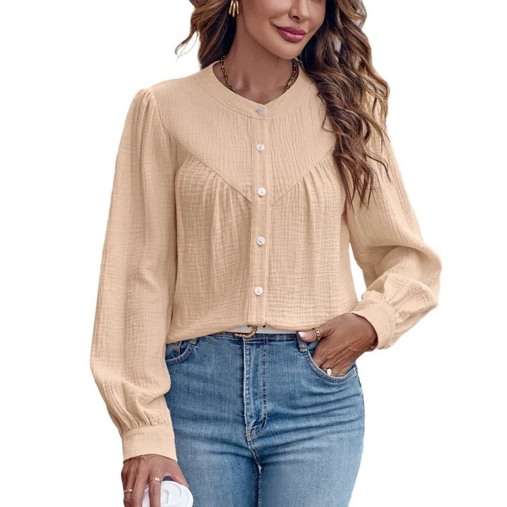 Women Long Sleeve Shirt Button Down Round Neck Pure Color Loose Casual Pleated Long Sleeve Blouse for Work Party Apricot L