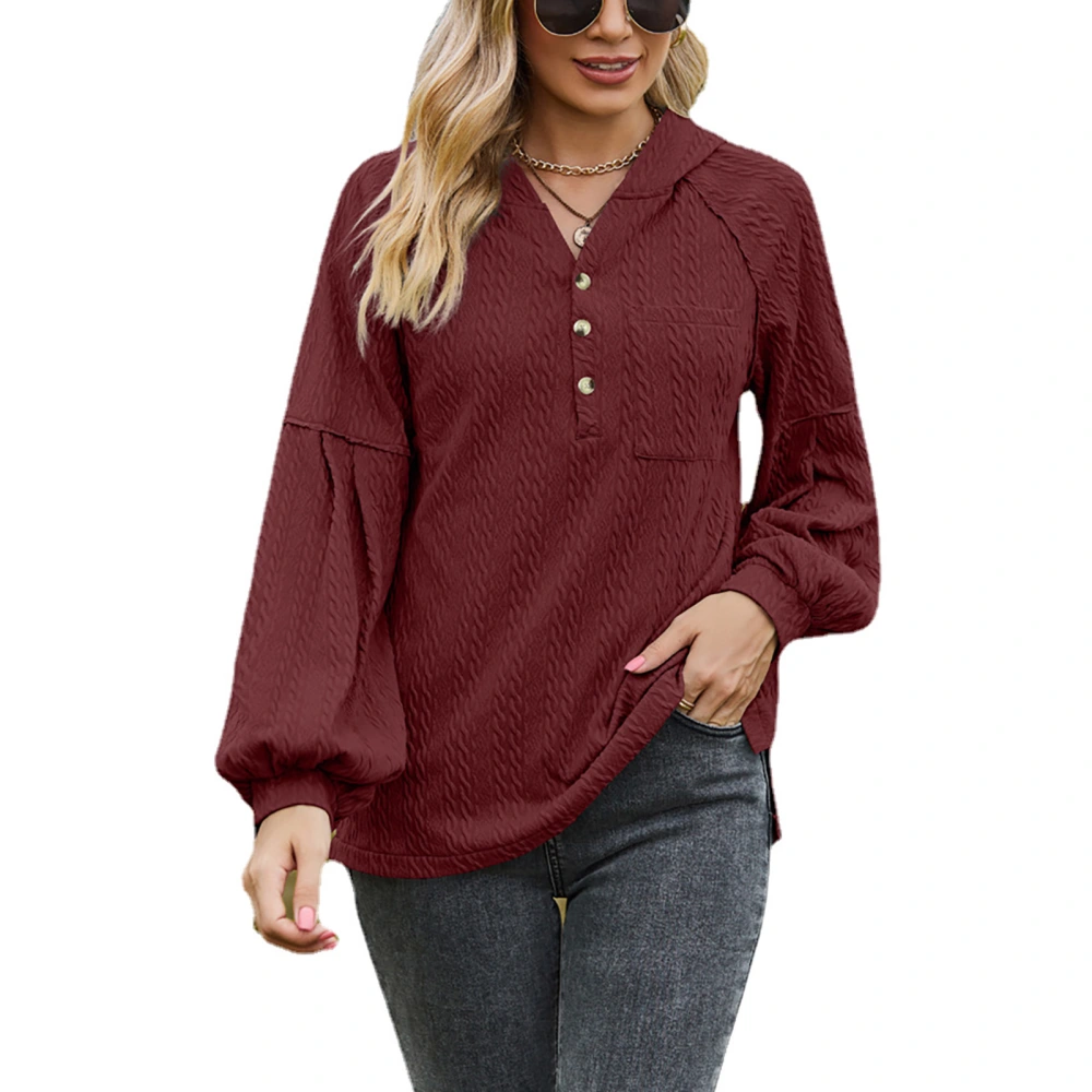 Women Long Lantern Sleeve Hoodie Loose Casual Plain Color V Neck Button Sweatshirt with Chest Pocket Burgundy XXL