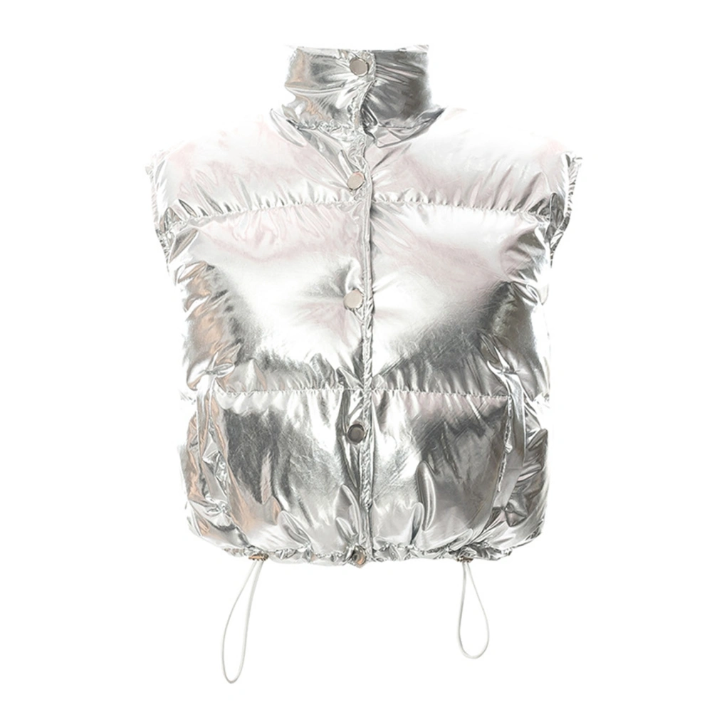 Women Casual Silver Puffer Vest Fashionable Stand Collar Button Up Thick Short Coat Outerwear for Party Silver M