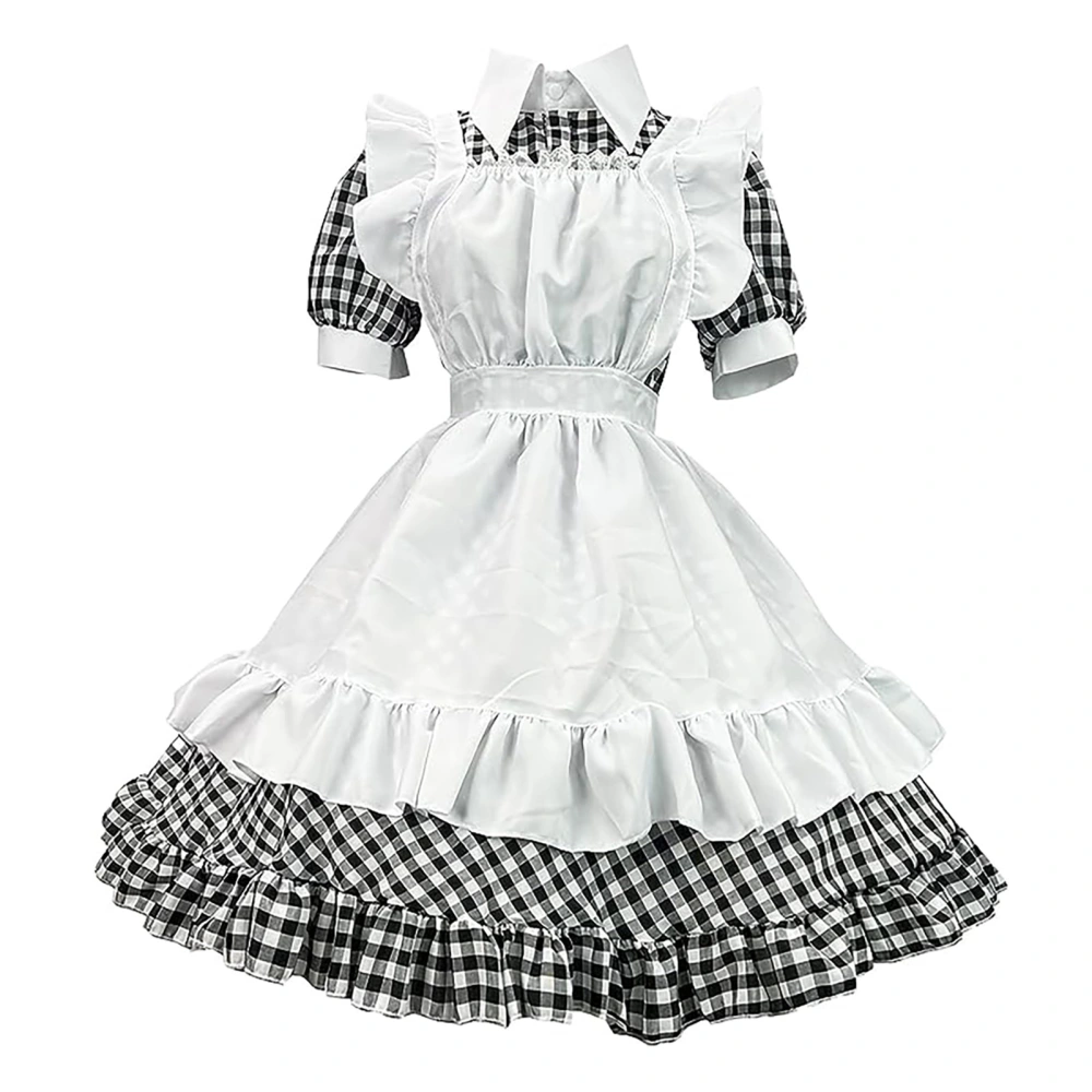 Maid Outfit Short Sleeve Anime Maid Apron Fancy Dress Cosplay Costume with Headdress for Party Plaid M