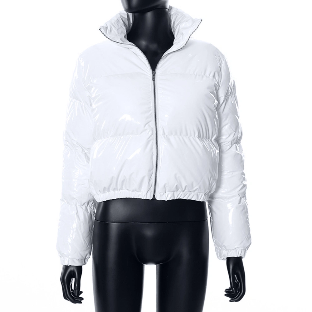 Women Short Coat Keep Warm Stand Collar Zipper Closure Elastic Hem Winter Jacket for Cold Days White S