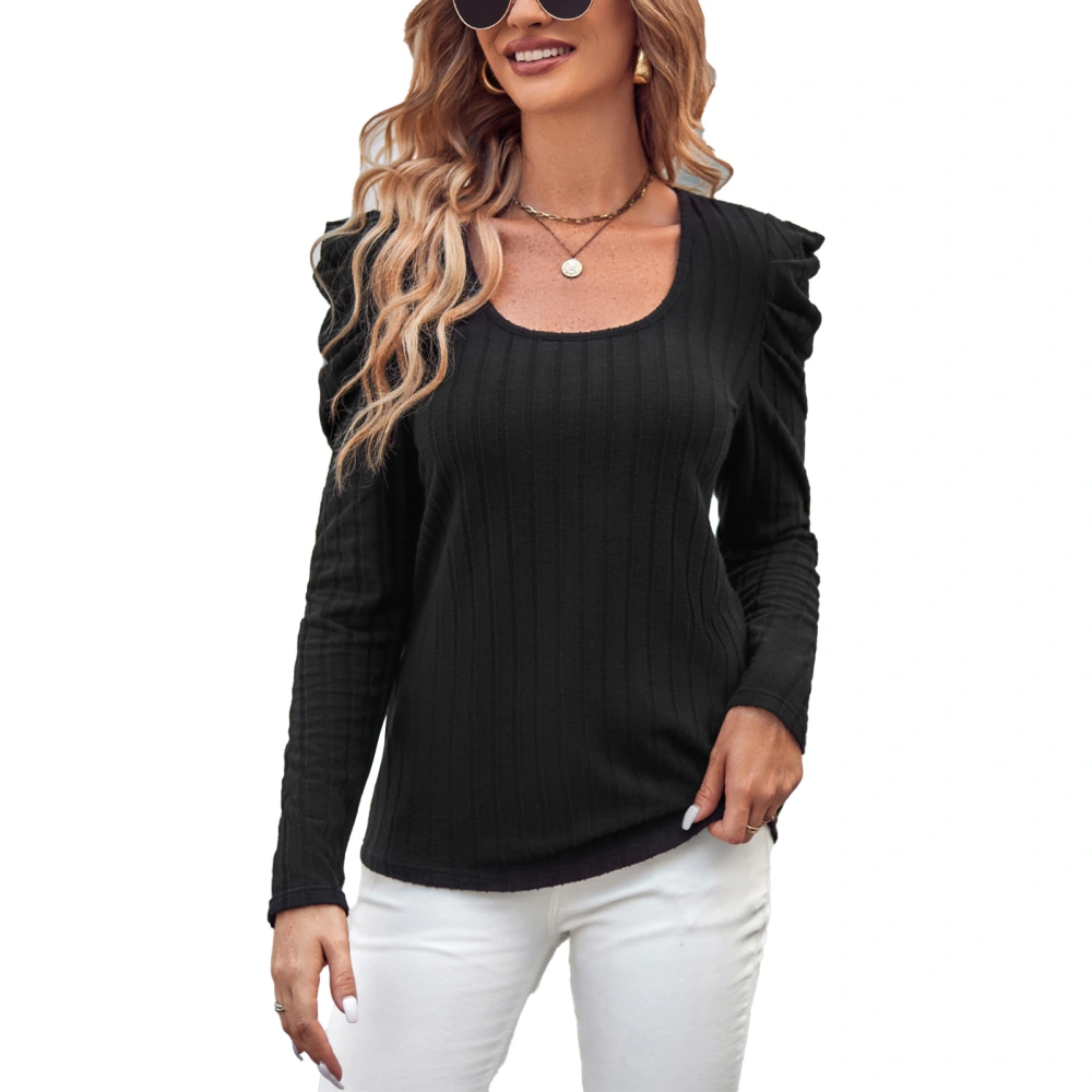 Women Casual Blouse Scoop Neck Long Sleeve Slim Fit Knit Shirt for Work Dating Party Shopping Black S