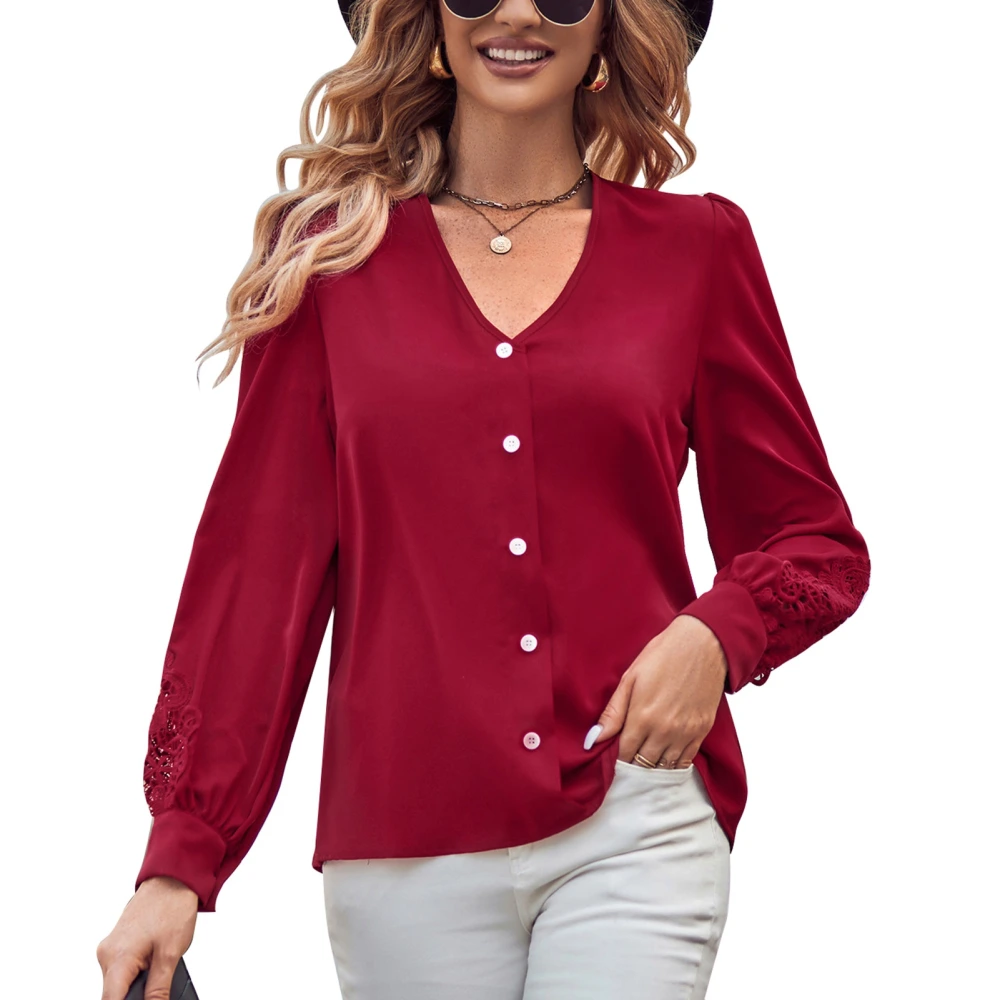 Women Button Down V Neck Shirt Stylish Casual Slim Puff Sleeve Lace Splicing Single Breasted Women Long Sleeve V Neck Tops Wine Red XL