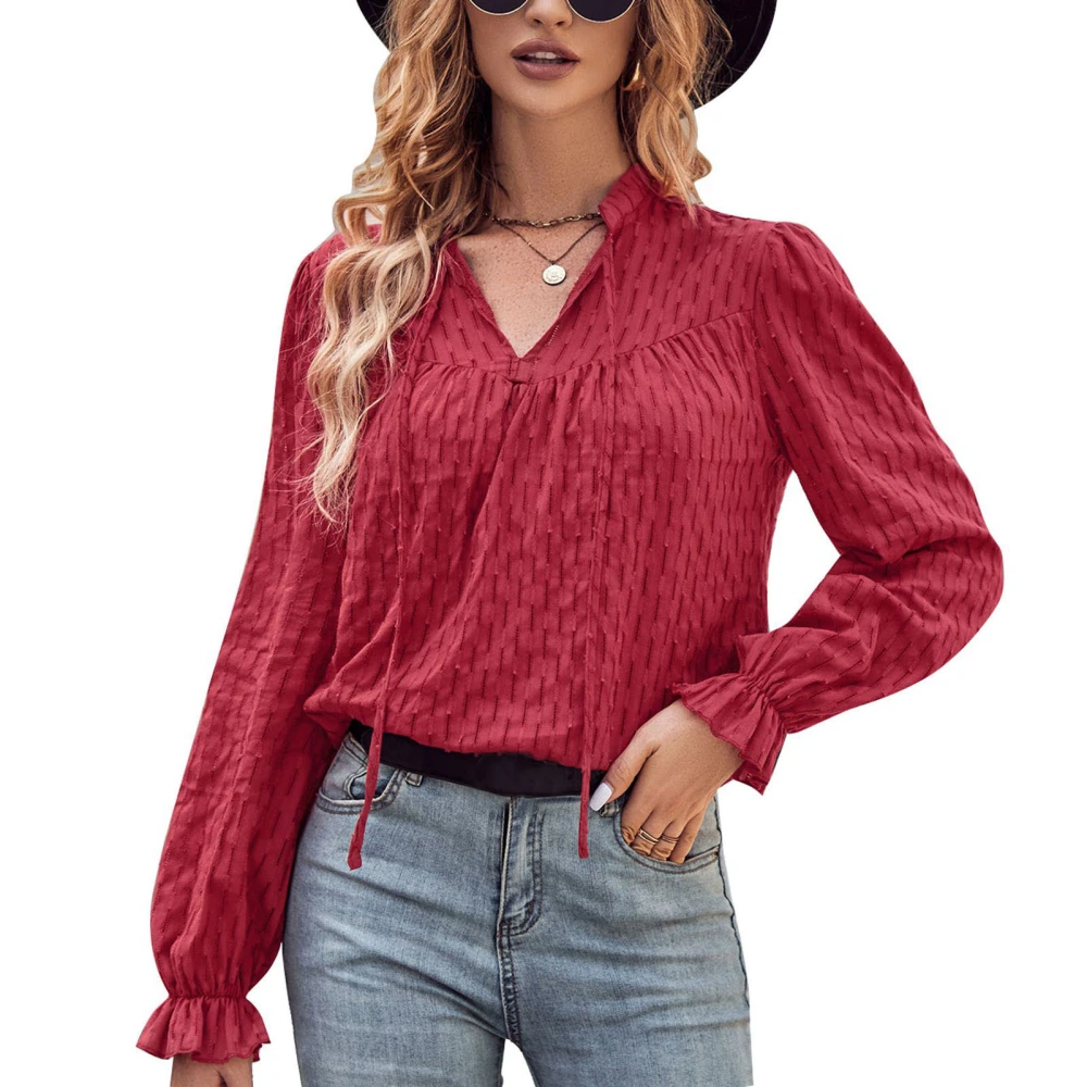 Women Tie V Neck Blouse Long Lantern Sleeve Jacquard Loose Fit Cozy Fall Pullover Top Red XL