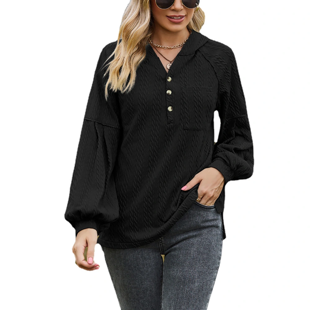 Women Long Lantern Sleeve Hoodie Loose Casual Plain Color V Neck Button Sweatshirt with Chest Pocket Black XL