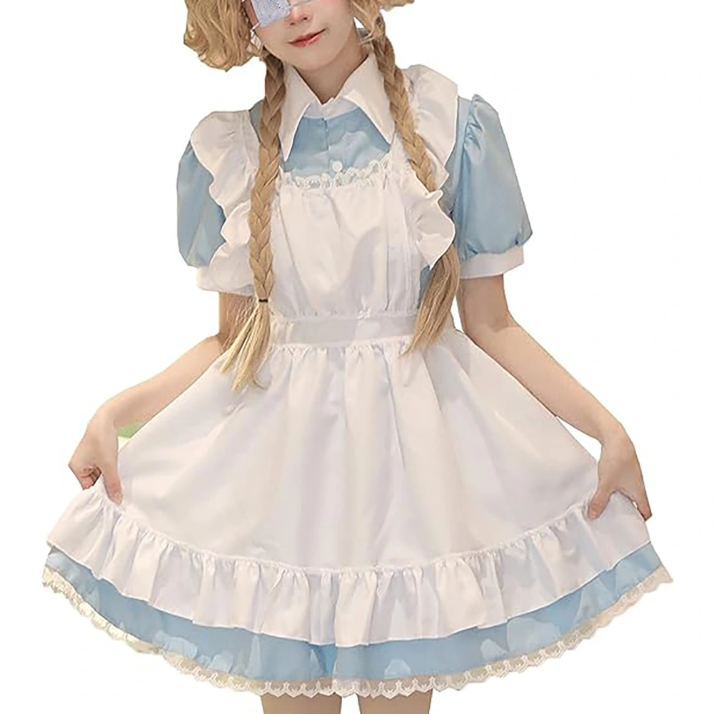 Maid Outfit Short Sleeve Anime Maid Apron Fancy Dress Cosplay Costume with Headdress for Party Sky Blue XL