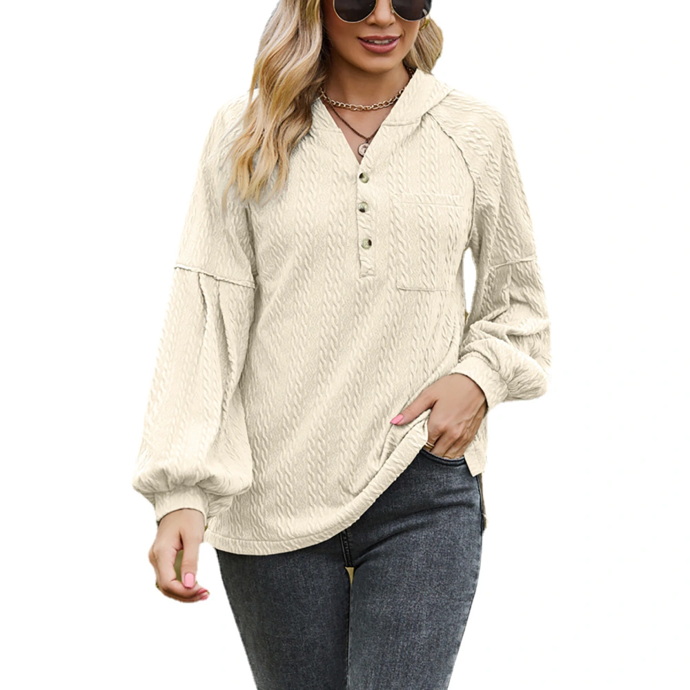 Women Long Lantern Sleeve Hoodie Loose Casual Plain Color V Neck Button Sweatshirt with Chest Pocket Beige Apricot M