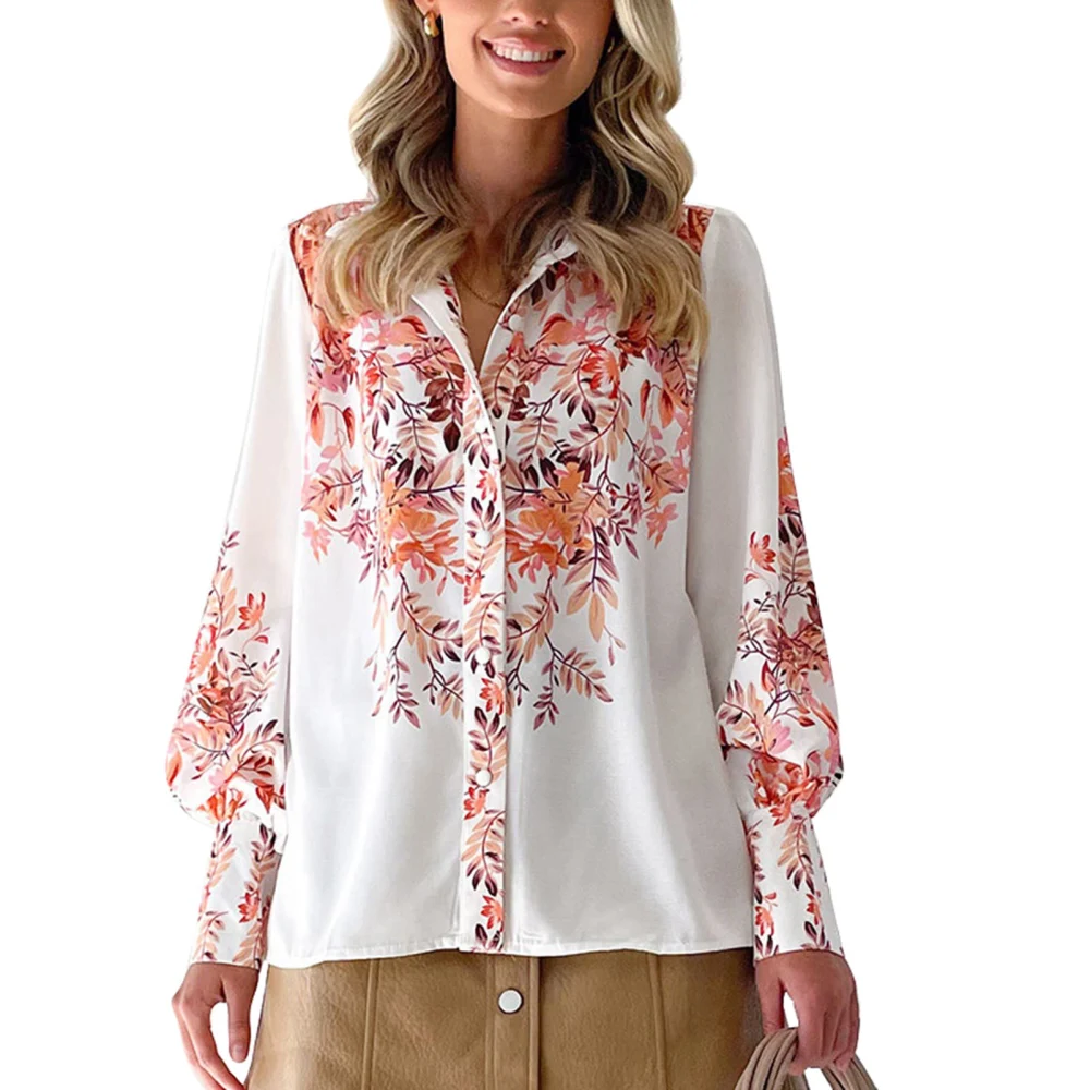 Women Flower Print Blouse V Neck Lantern Sleeve Shirt Turn Down Collar Button Up Printed Blouse Stylish Top White L