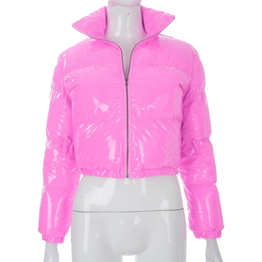 Women Short Coat Keep Warm Stand Collar Zipper Closure Elastic Hem Winter Jacket for Cold Days Pink XL