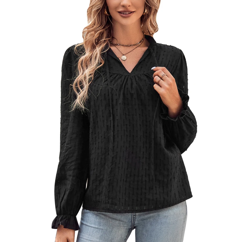 Women Tie V Neck Blouse Long Lantern Sleeve Jacquard Loose Fit Cozy Fall Pullover Top Black XL