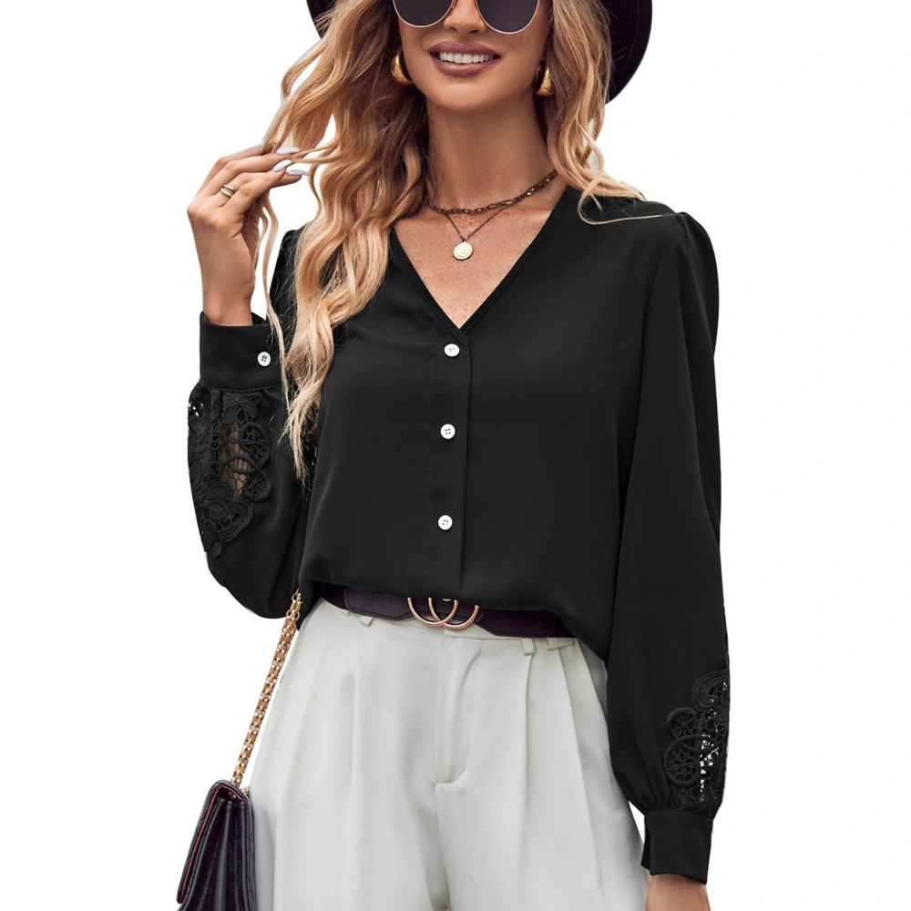 Women Button Down V Neck Shirt Stylish Casual Slim Puff Sleeve Lace Splicing Single Breasted Women Long Sleeve V Neck Tops Black S