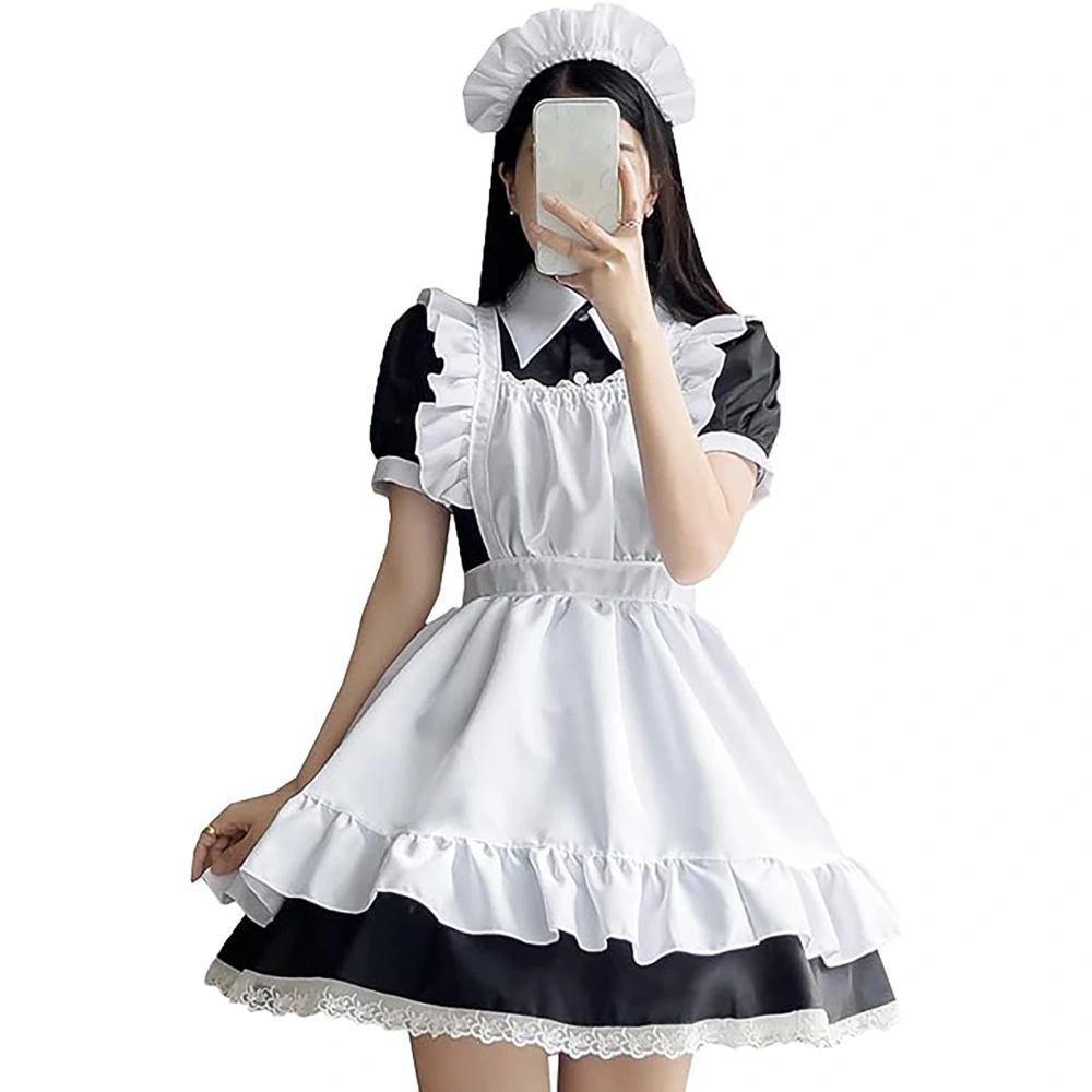 Maid Outfit Short Sleeve Anime Maid Apron Fancy Dress Cosplay Costume with Headdress for Party Black White M