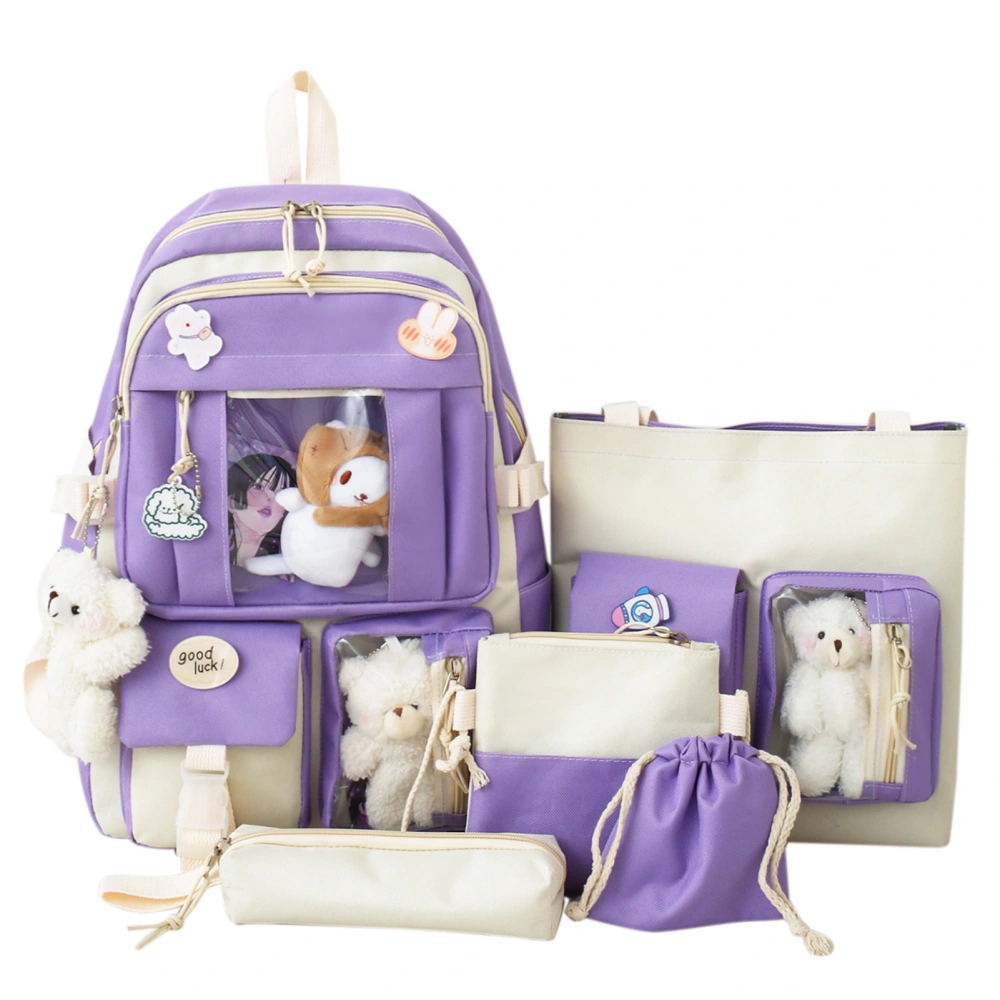 5pcs Backpack Set Student Cute School Backpack Messenger Bag Shoulder Bag Pencil Case Handbag Purple Free Size