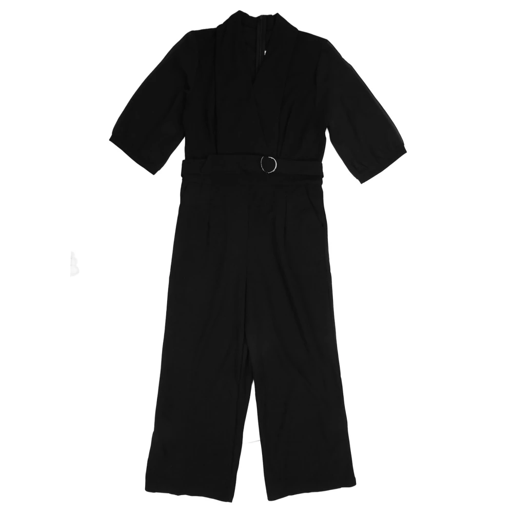 Belted Wide Leg Pants Jumpsuit V Neckline Pure Color Casual 3/4 Sleeve Jumpsuit for Women Black L