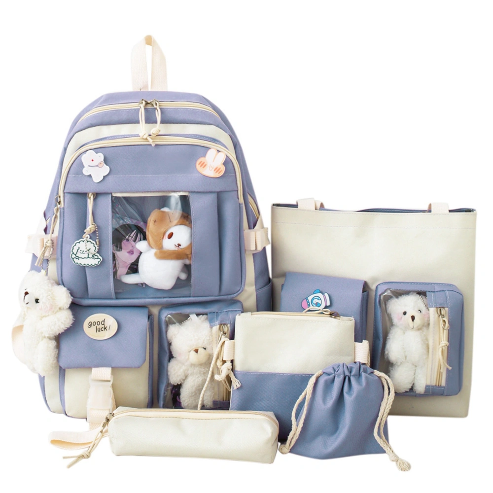 5pcs Backpack Set Student Cute School Backpack Messenger Bag Shoulder Bag Pencil Case Handbag Blue Free Size