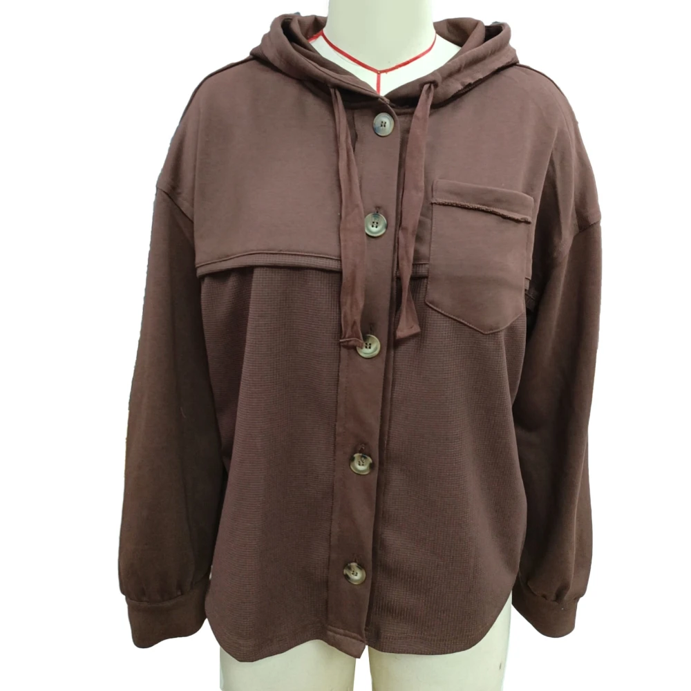 Women Button Up Drawstring Jacket Long Sleeve Pure Color Hoodie Sweatshirt with Chest Pocket Brown M