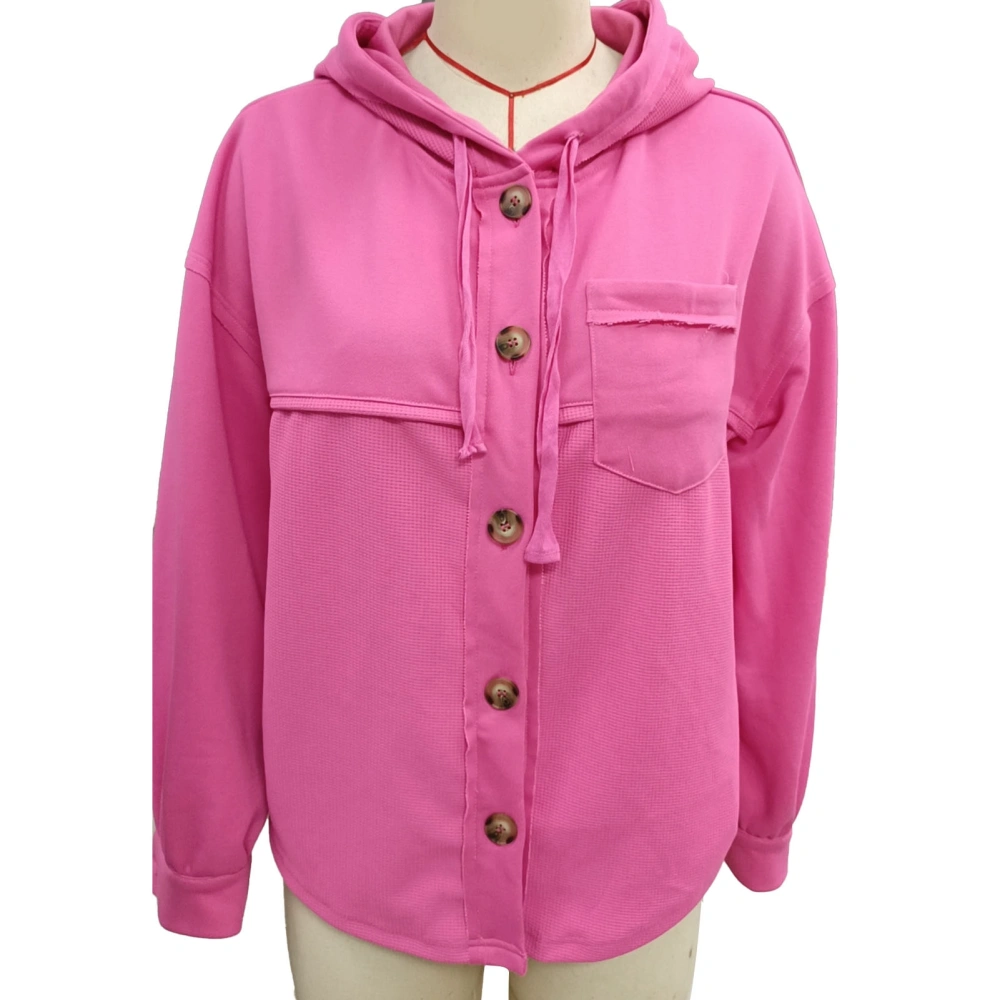 Hoodie Drawstring Coat Plain Color Single Breasted Stitching Pocket Hooded Drawstring Coat Pink XL