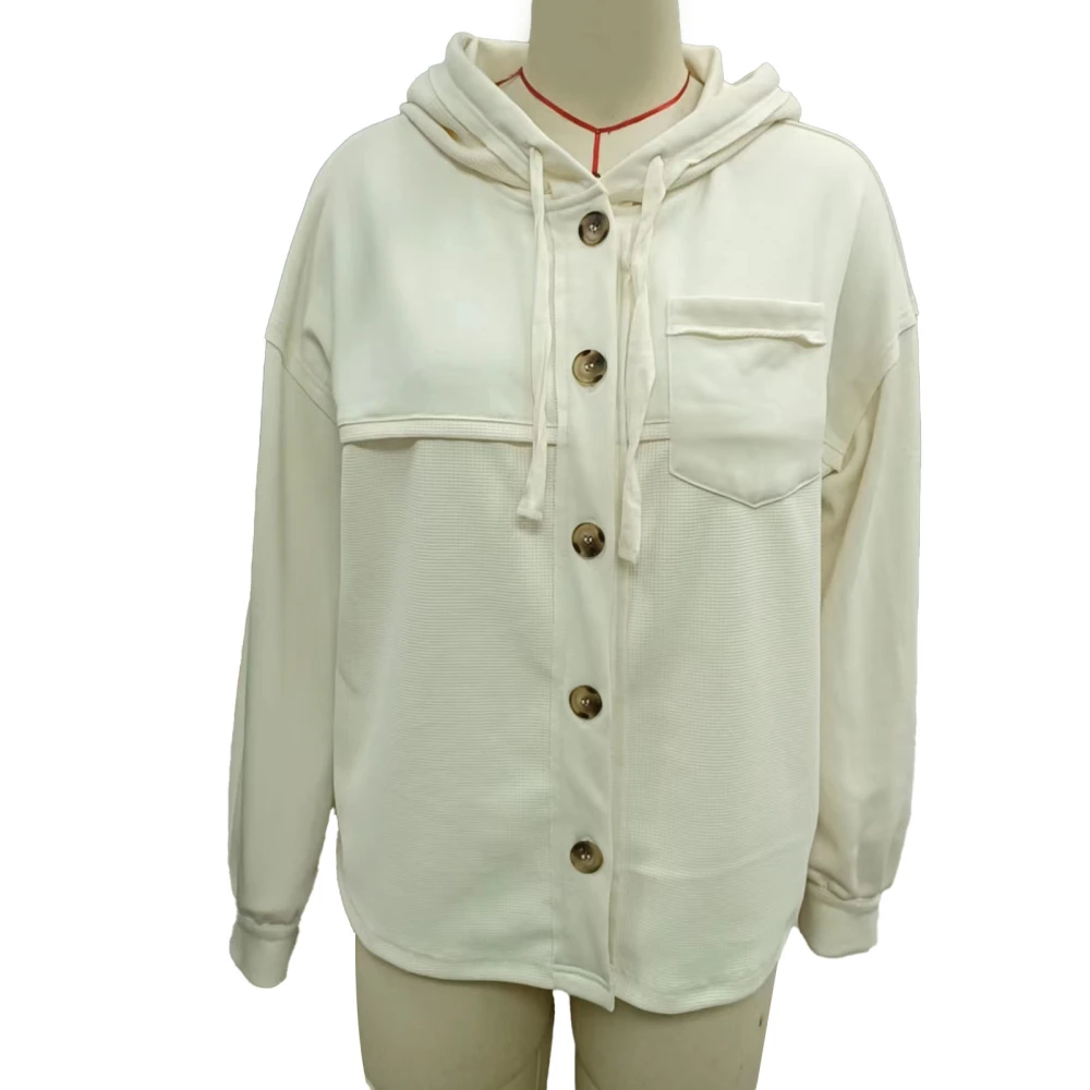 Women Button Up Drawstring Jacket Long Sleeve Pure Color Hoodie Sweatshirt with Chest Pocket Apricot M