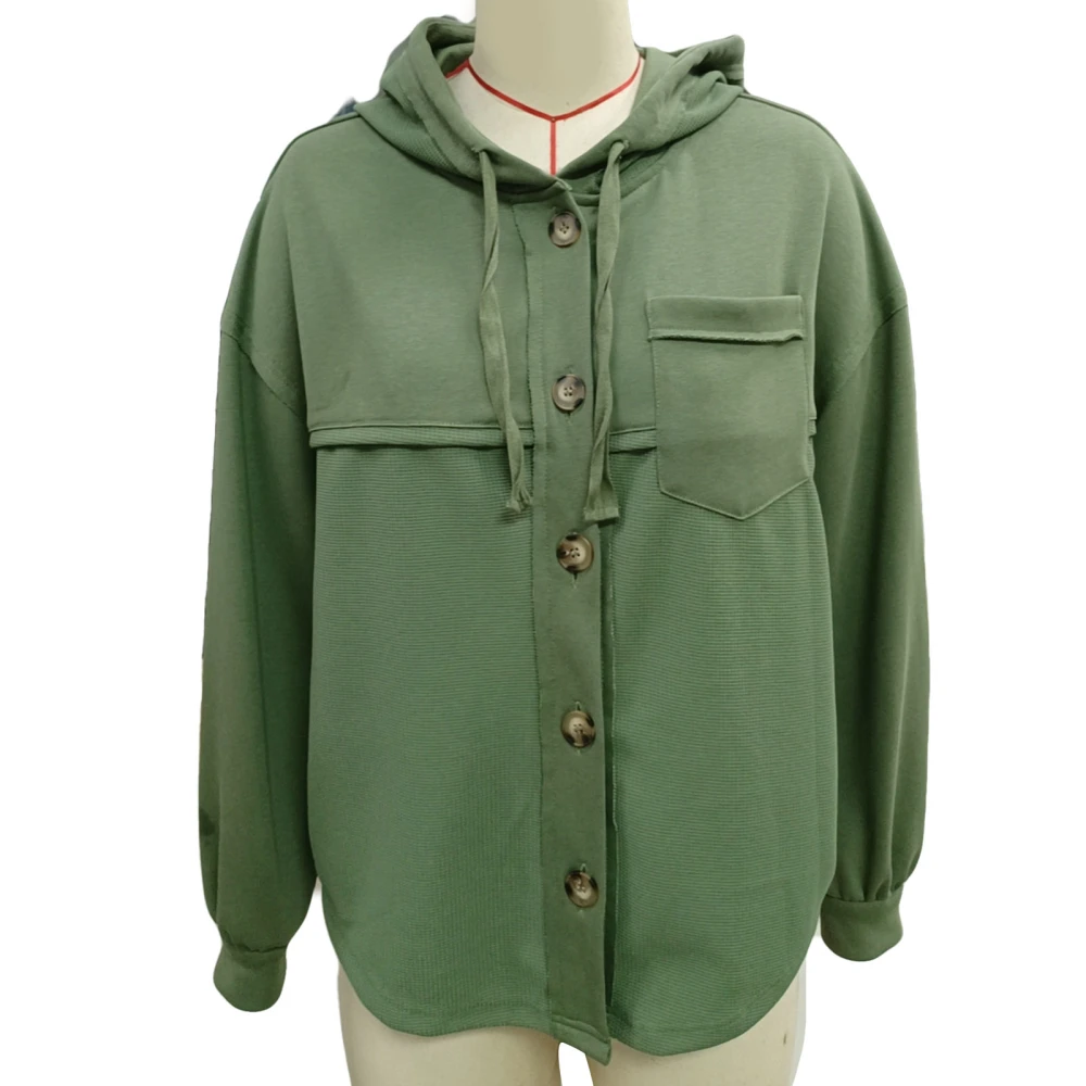 Women Button Up Drawstring Jacket Long Sleeve Pure Color Hoodie Sweatshirt with Chest Pocket Green L