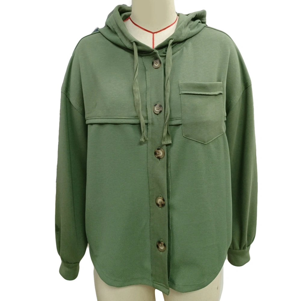 Hoodie Drawstring Coat Plain Color Single Breasted Stitching Pocket Hooded Drawstring Coat Green L