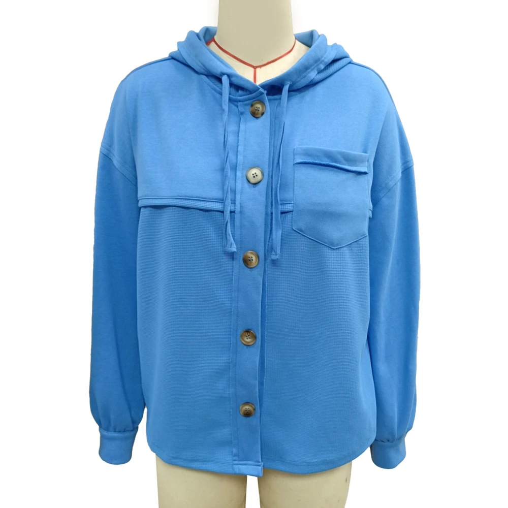 Women Button Up Drawstring Jacket Long Sleeve Pure Color Hoodie Sweatshirt with Chest Pocket Blue XL