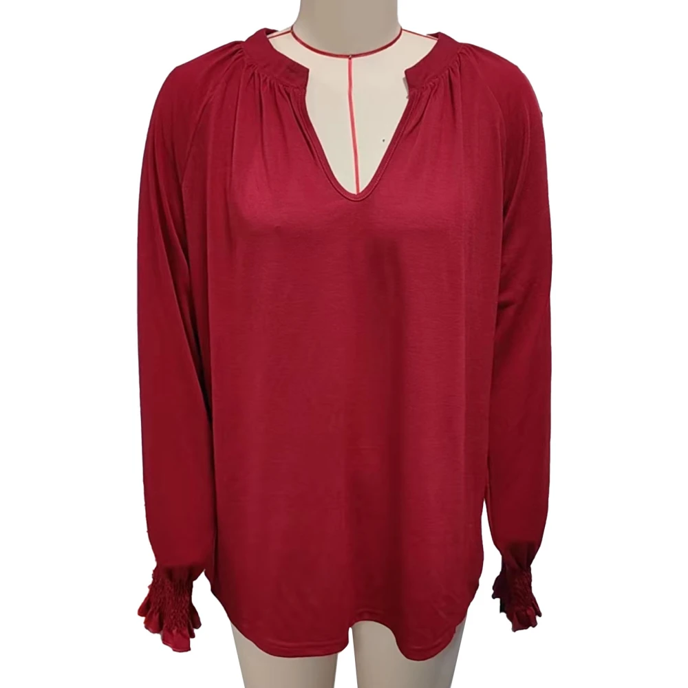 Women V Neck T Shirt Long Sleeves Shirred Cuffs Loose Fitting Casual Pleated Blouse for Daily Use Wine Red XL