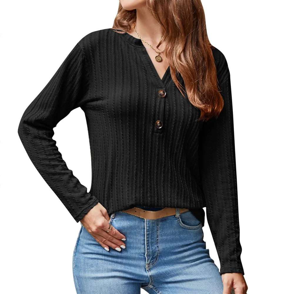 Knit Long Sleeve Top V Neck Exquisite Buttons Twist Pattern Pure Color Casual Blouse for Shopping Party Office Black XXL