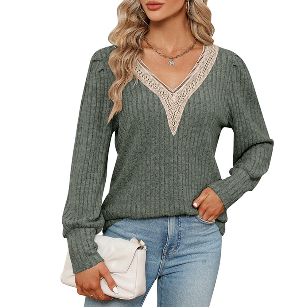 Women Lace Trim V Neck Rib Knit Top Casual Dressy Loose Fit Long Sleeve Pullover Shirt OD Green M