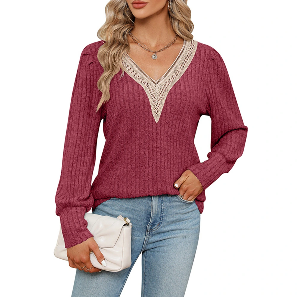 Women Lace Trim V Neck Rib Knit Top Casual Dressy Loose Fit Long Sleeve Pullover Shirt Wine Red XXL