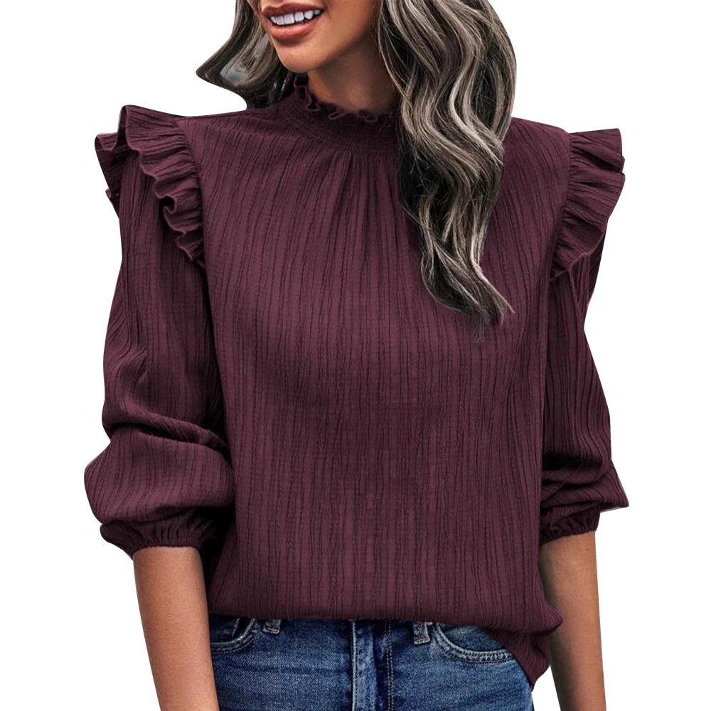 Women Top Round Neck Lantern Sleeve Ruffle Plain Elegant Loose Pullover Blouse for Work Leisure Wine Red L