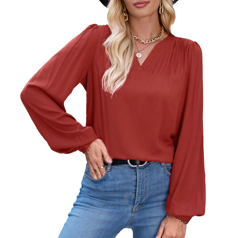 Women Blouse V Neck Pure Color Shirred Design Long Puff Sleeves Shirt for Office Travel Brick Red XL