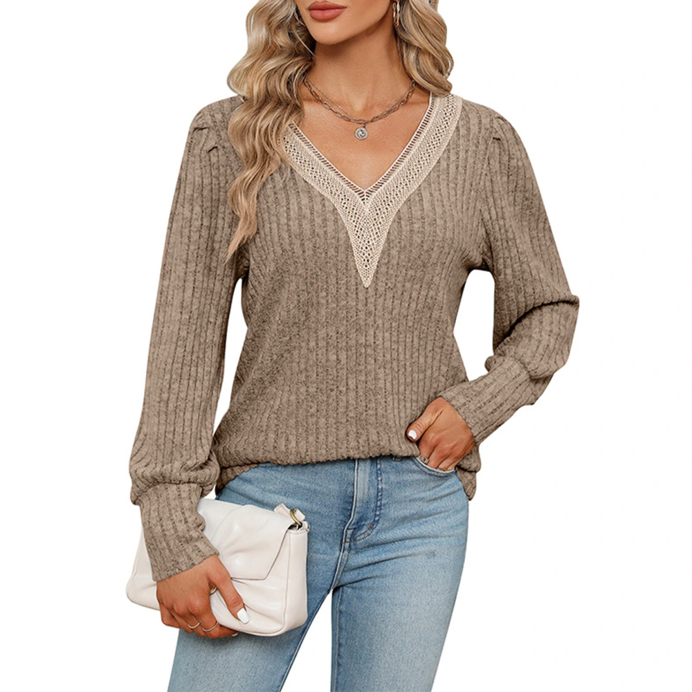 Women Lace Trim V Neck Rib Knit Top Casual Dressy Loose Fit Long Sleeve Pullover Shirt Khaki S