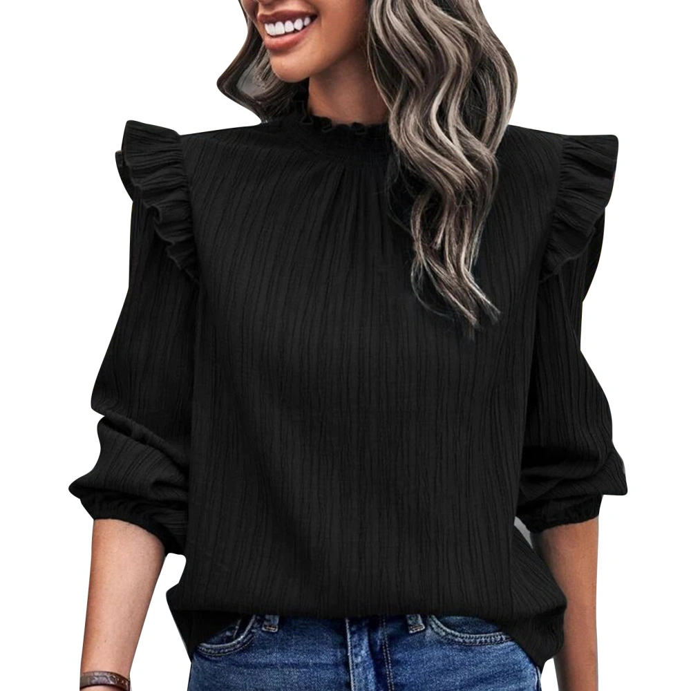 Women Top Round Neck Lantern Sleeve Ruffle Plain Elegant Loose Pullover Blouse for Work Leisure Black M