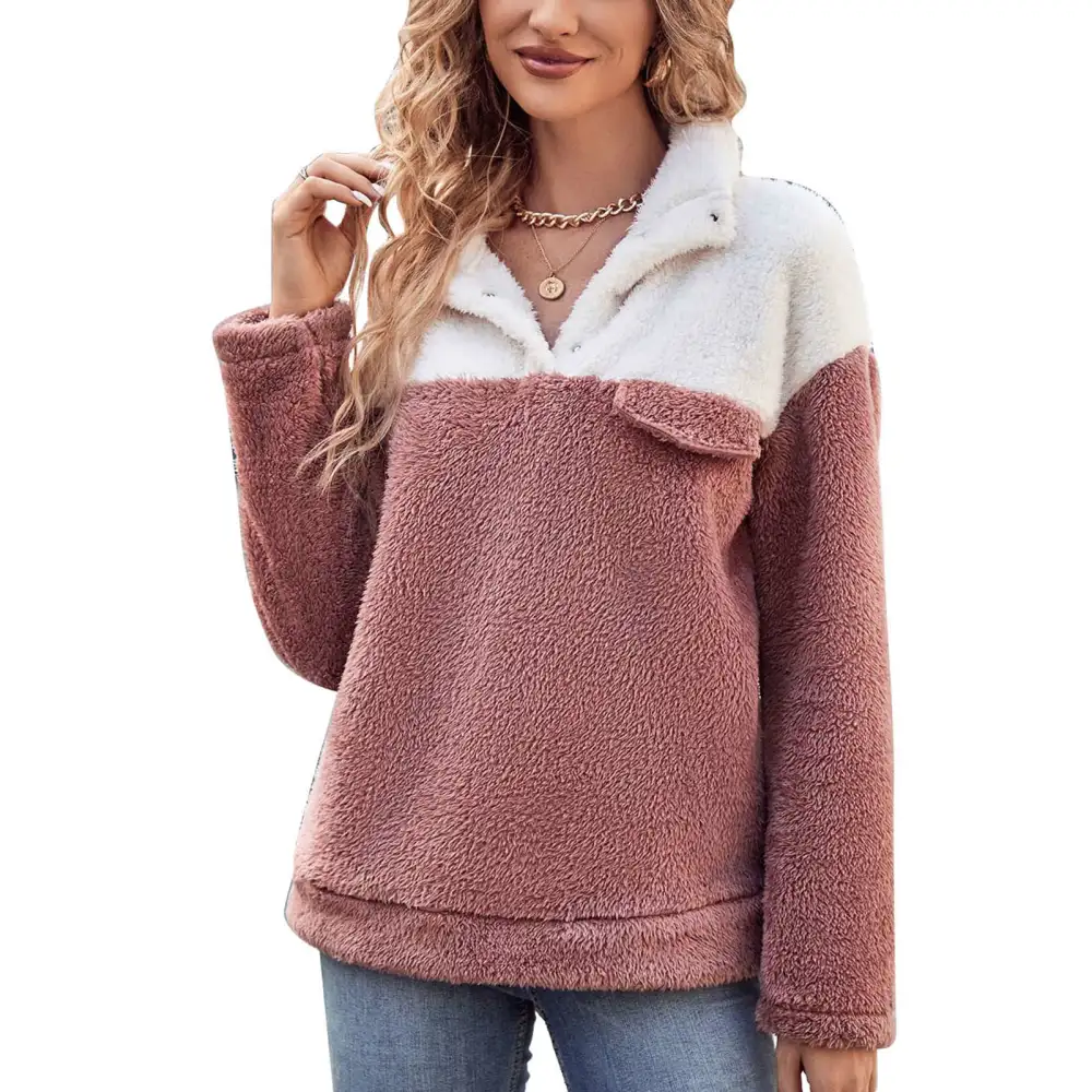 Women Plush Top Drop Shoulder Long Sleeve Pullover Jacket Fashionable Thick Coat Stitching Color dark Pink XL