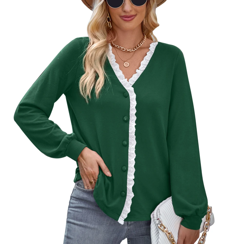 Women Knitted Coat V Neck Single Breasted Lace Color Block Long Sleeve Fashionable Knit Coat Dark Green M