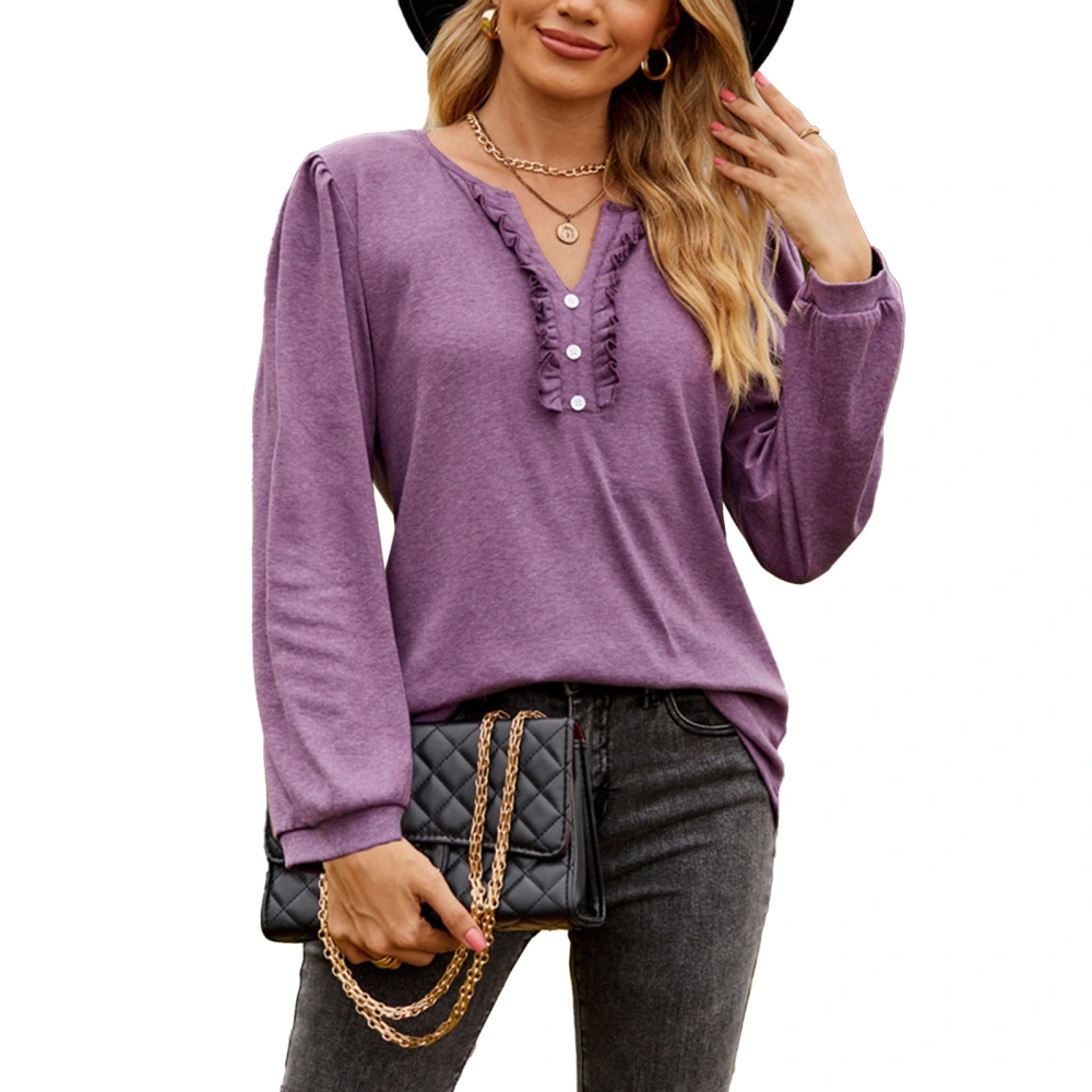 Women Button Front V Neck Fall Top Frill Trim Pure Color Elastic Cuff Long Sleeve Pullover Basic Shirt Purple XL