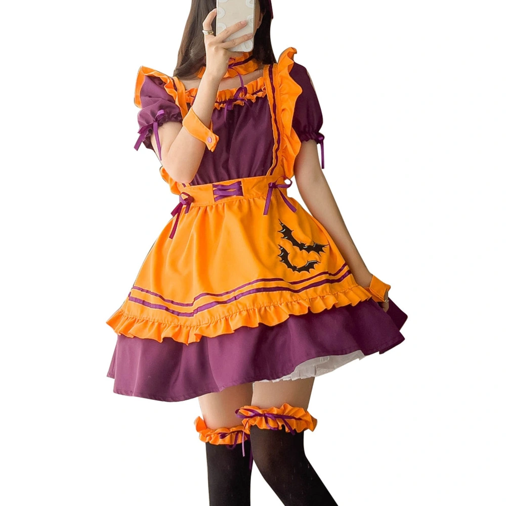 Women Halloween Maid Costume Ruffle Frill Trim Cute Bow Tie Cosplay Maid Dress with Apron Headwear Neck Leg Ring Pumpkin Color M