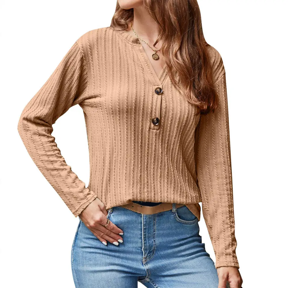 Knit Long Sleeve Top V Neck Exquisite Buttons Twist Pattern Pure Color Casual Blouse for Shopping Party Office Light Tan S