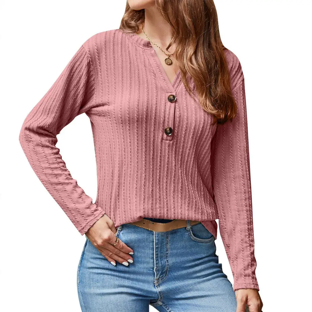 Knit Long Sleeve Top V Neck Exquisite Buttons Twist Pattern Pure Color Casual Blouse for Shopping Party Office Dark Pink XL