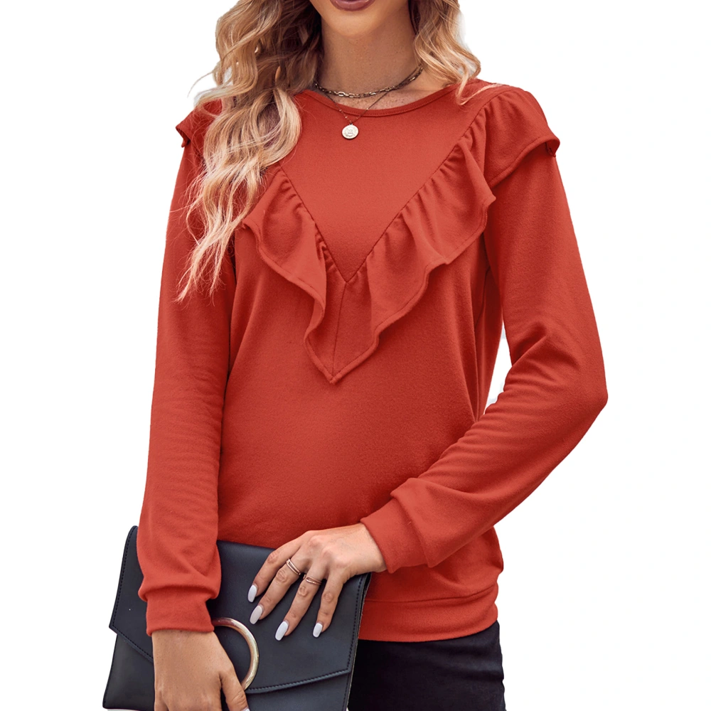 Women Shirt Solid Color Round Neck Jacket Fashion Style Flouncing Long Sleeve Bottoming Shirt Blouse Brownish Red M