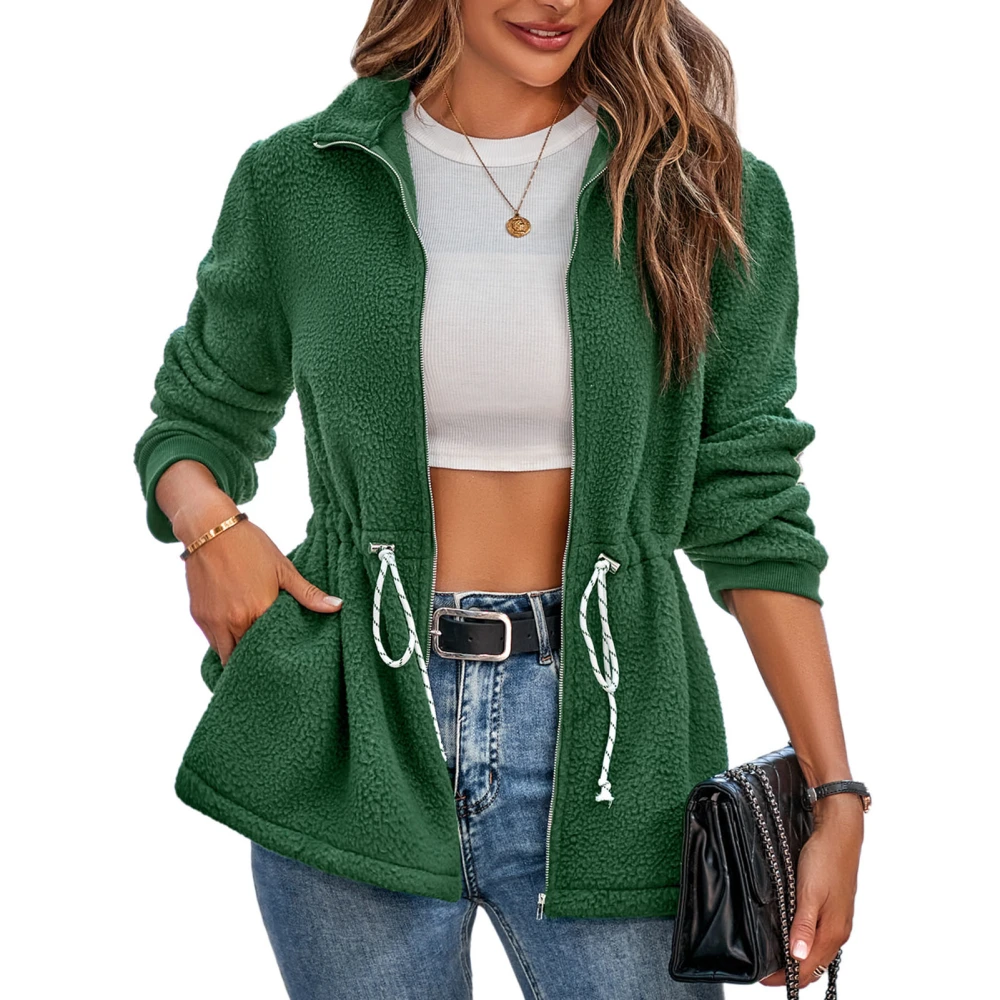 Plush Jacket Long Sleeve Drawstring Tie Waist Stand Collar Casual Coat Solid Color Top Green S