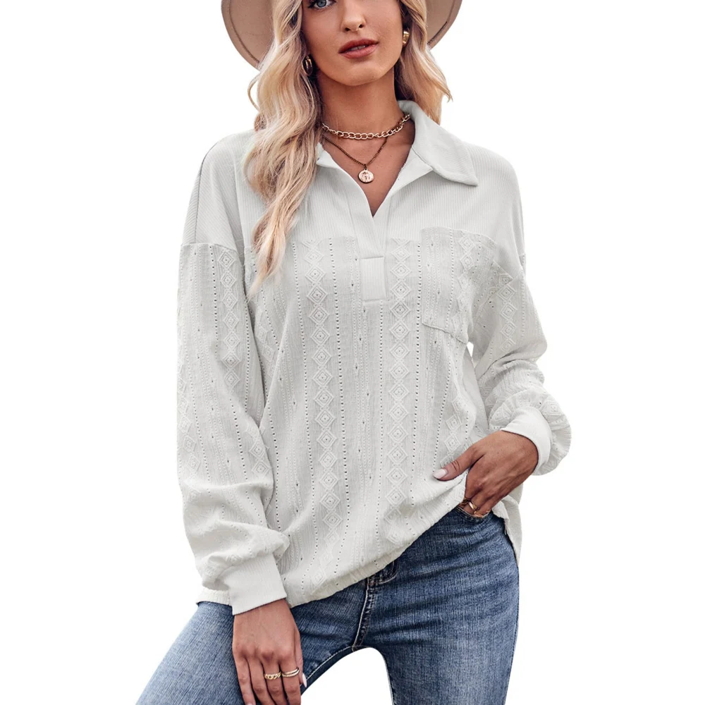 Women Turn Down Collar Pullover Long Sleeve V Neck Collared Plain Pattern Textured Patchwork Loose Blouse Top White M