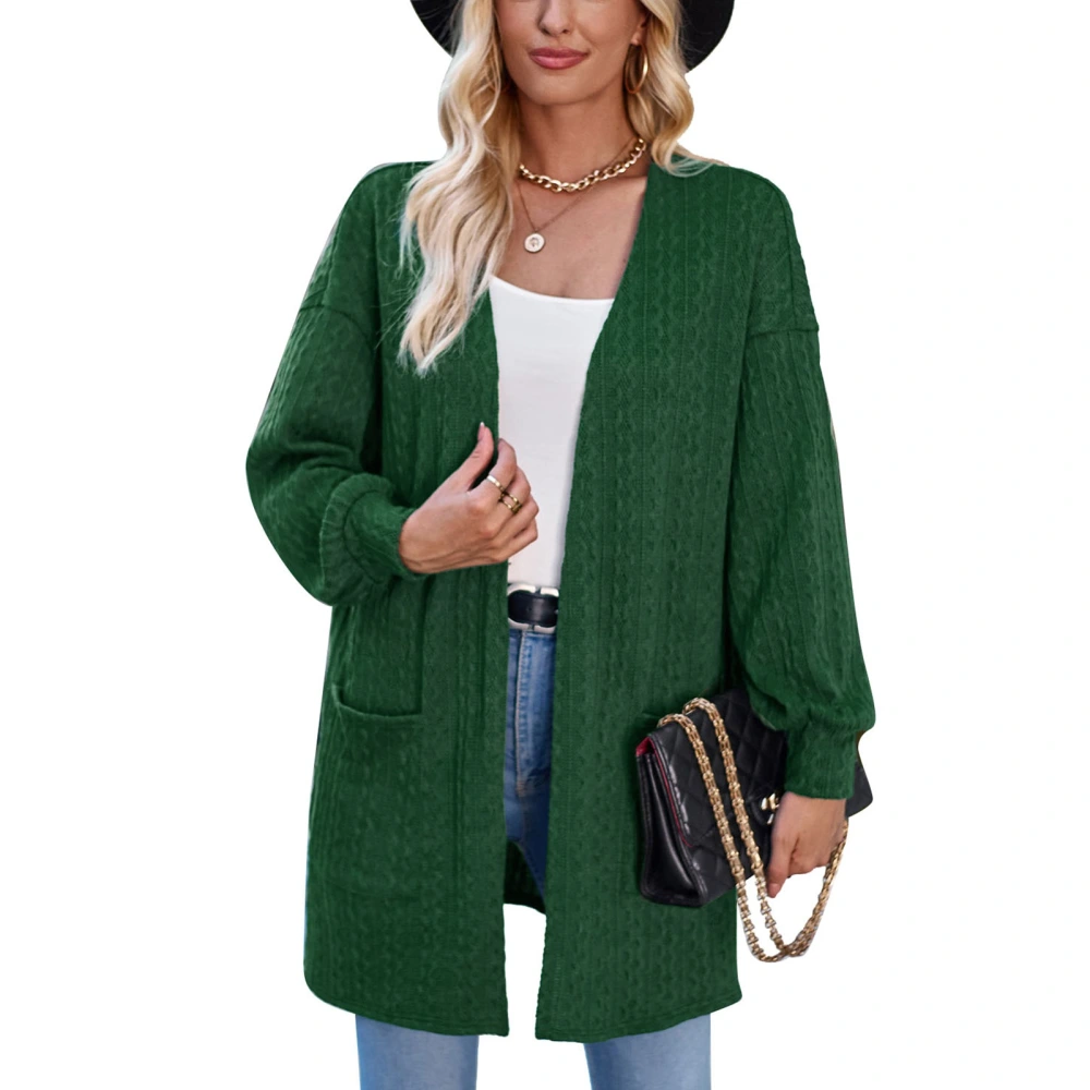 Women Open Front Sweater Drop Shoulder Large Pocket Long Sleeve Knitwear Coat for Daily Wear Dark Green XL