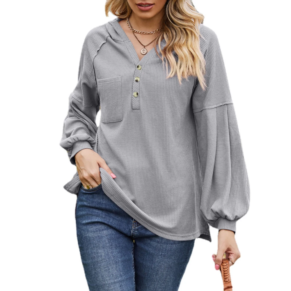 Women Hooded Button Collar Sweatshirt V Neck Lantern Long Sleeve Oversized Pullover Hoodie Grey XL