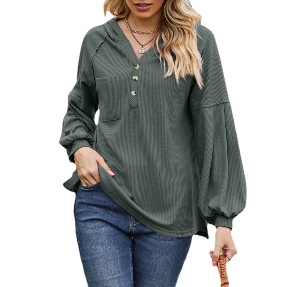 Women Hooded Button Collar Sweatshirt V Neck Lantern Long Sleeve Oversized Pullover Hoodie OD Green XL